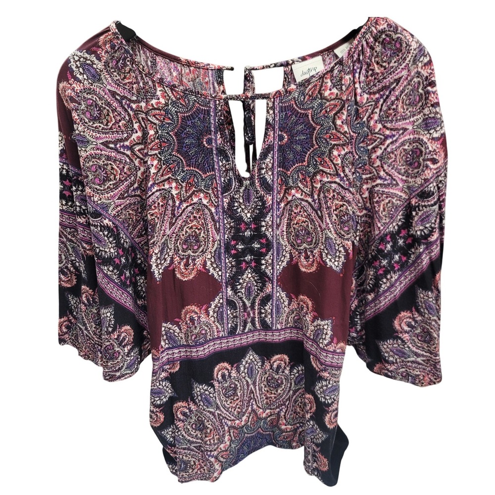 Daytrip Boho Paisley Print Tie Neck Bell Sleeve Blouse Women's Size S